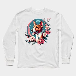 Joyful Basenji Amidst Spring Cherry Blossoms Long Sleeve T-Shirt